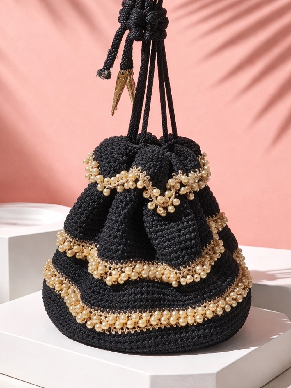 Vintage Black Beaded Crochet Drawstring Women’s Bag